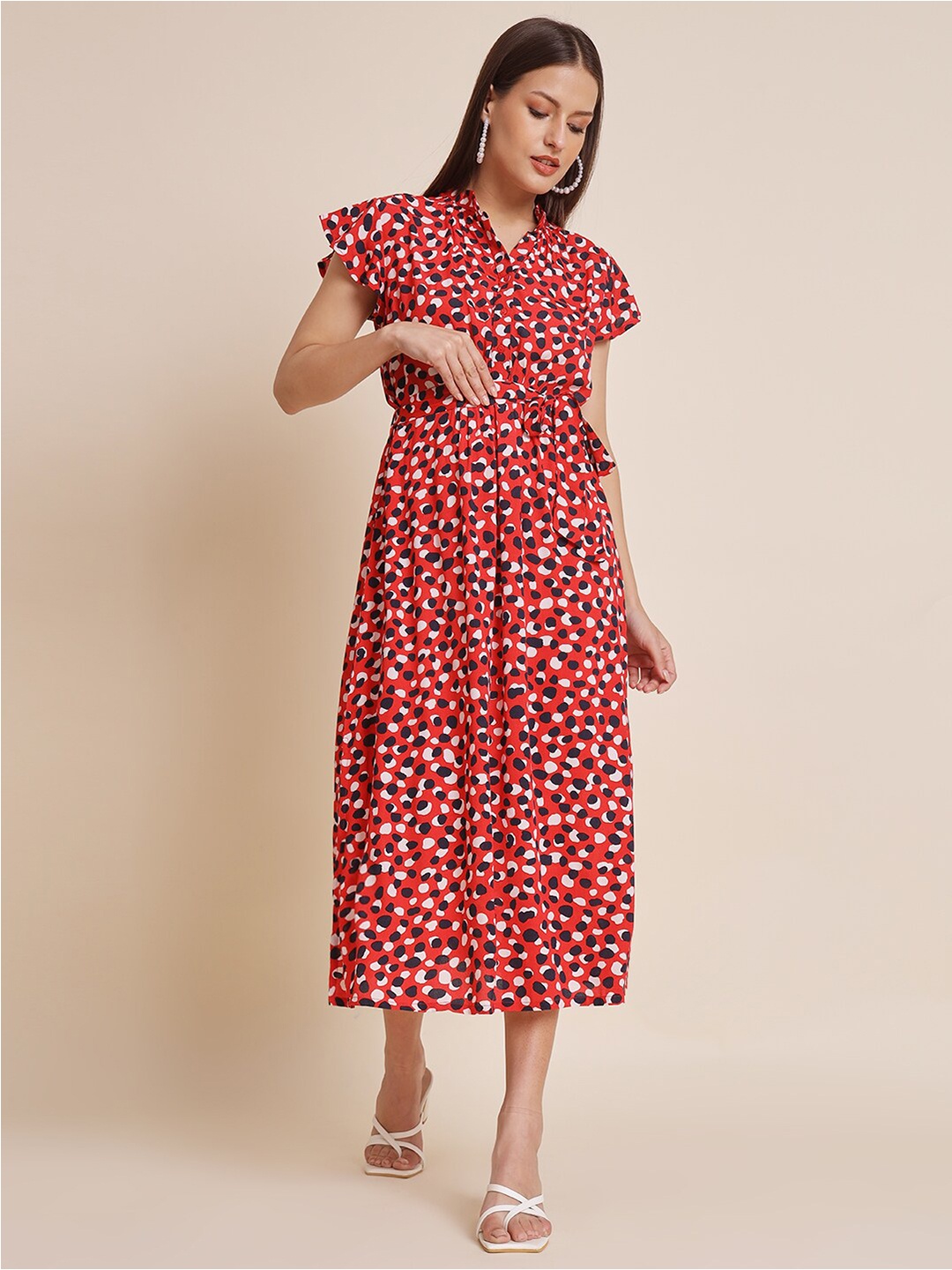 

HERE&NOW Red & White Abstract Printed Flared Sleeves A-Line Midi Dress