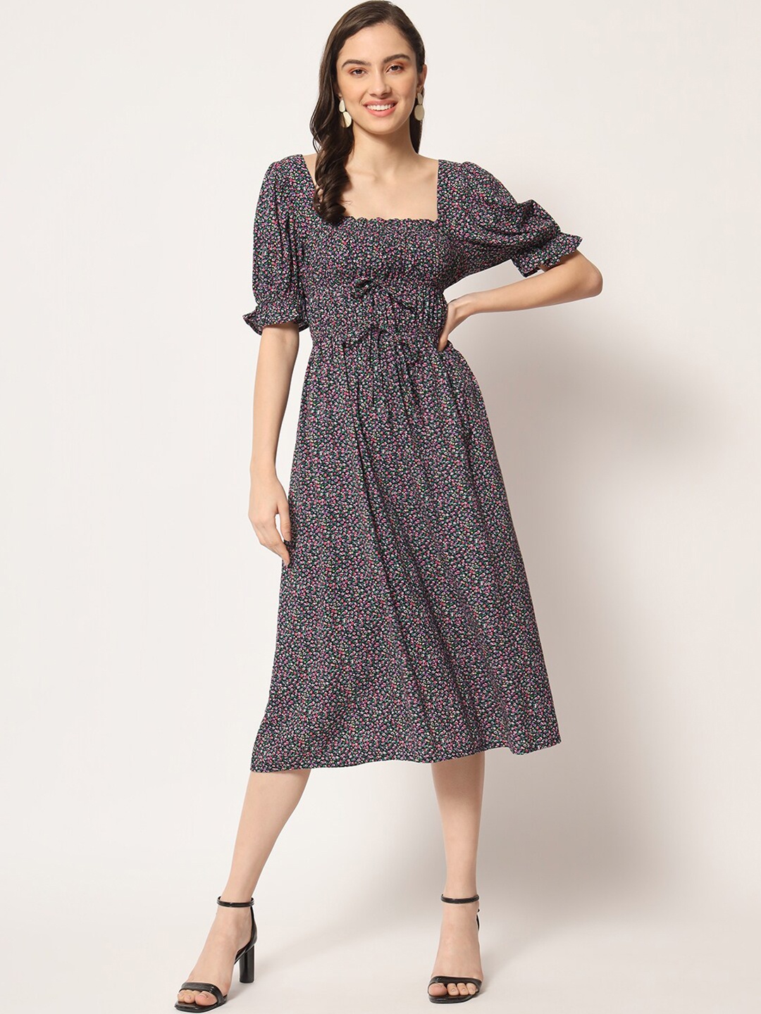 

HERE&NOW Black & Pink Floral Printed Puff Sleeves Tie-Ups Fit & Flare Midi Dress