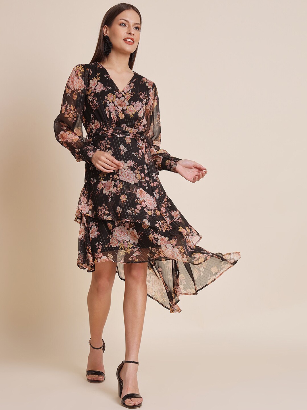 

HERE&NOW Black & Pink Floral Printed Puff Sleeves Chiffon A-Line Midi Dress