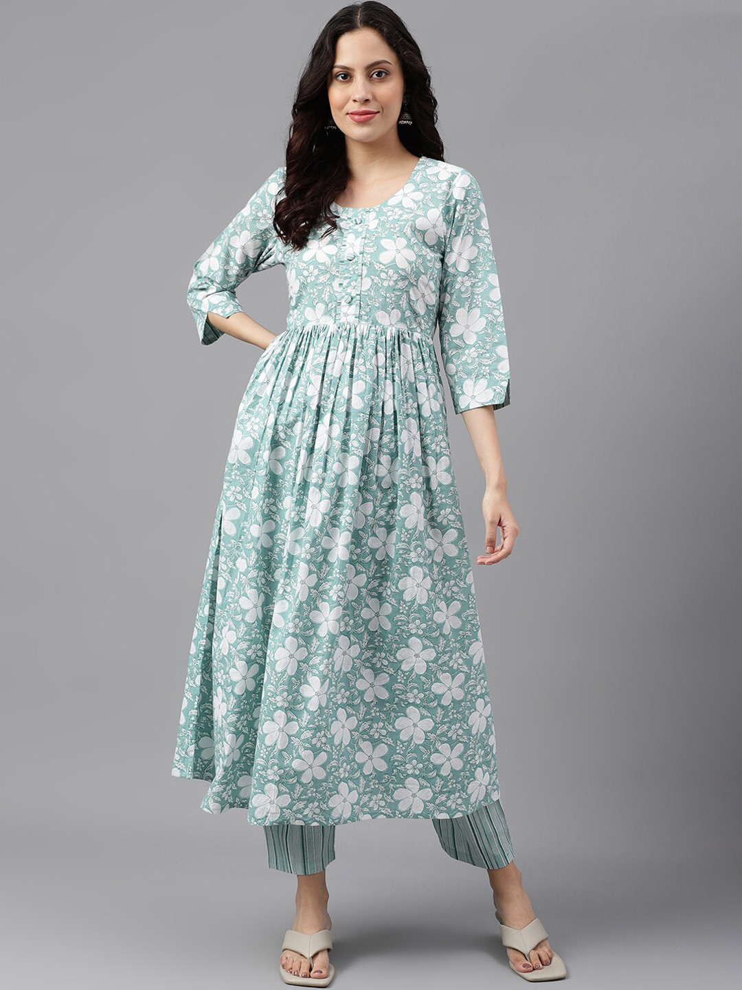 

KALINI Floral Printed Pleated Pure Cotton Anarkali Kurta & Trousers with Dupatta, Green