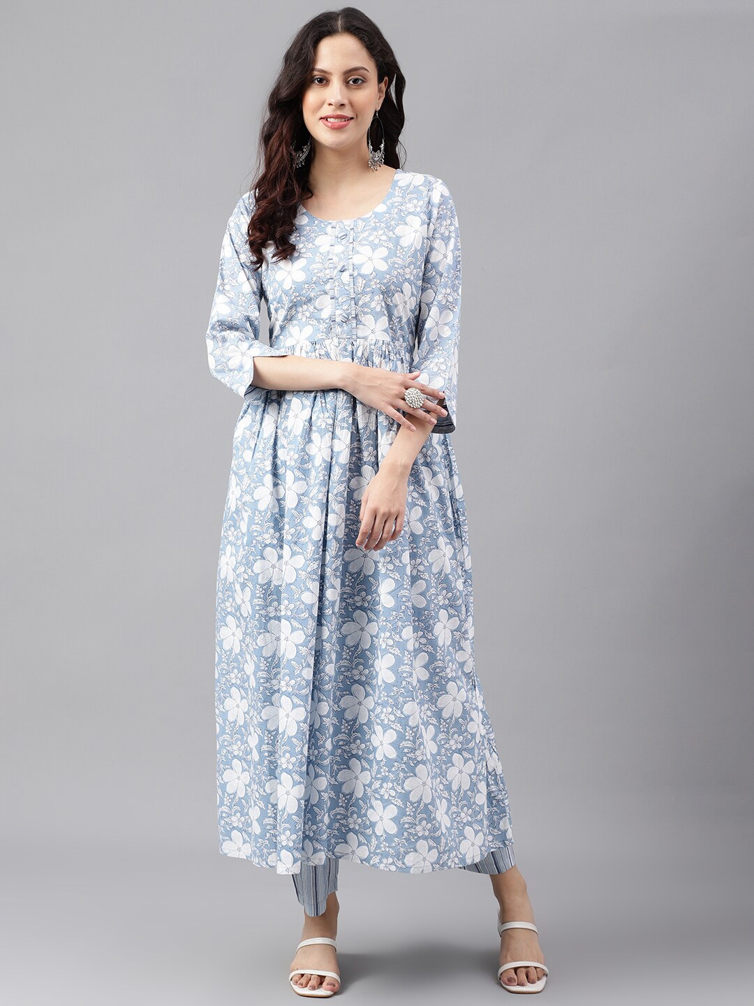 

KALINI Floral Printed Pure Cotton Kurta With Trousers, Blue