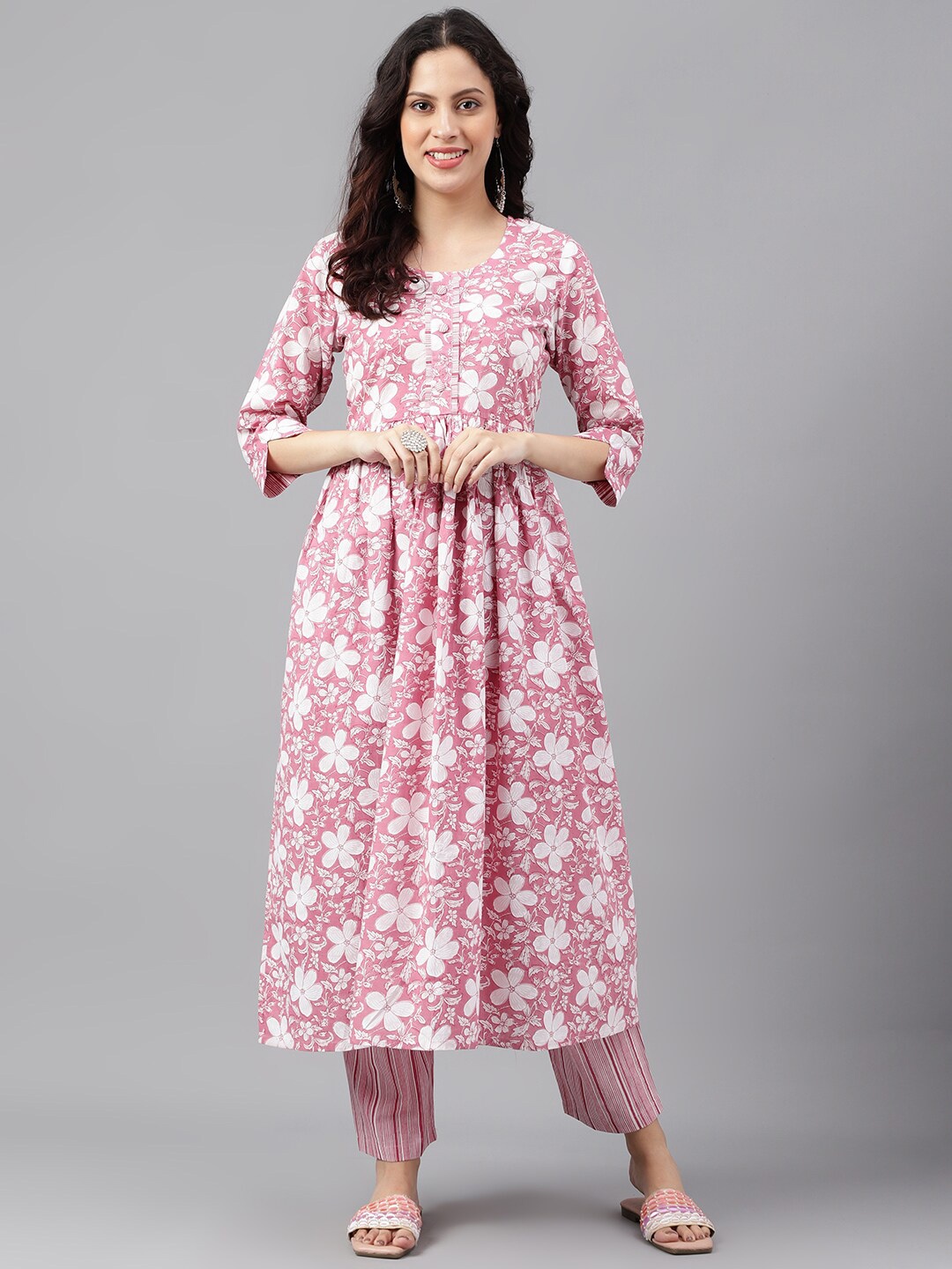 

KALINI Floral Printed Pleated A-Line Pure Cotton Kurta Set, Pink
