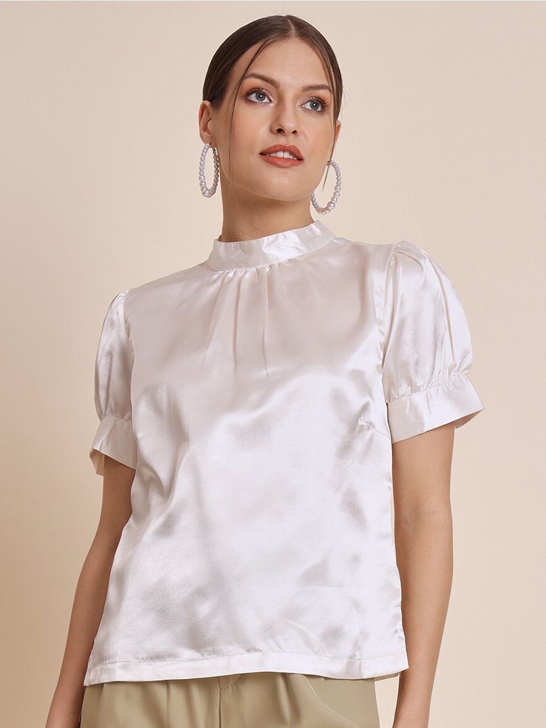 

HERE&NOW Mandarin Collar Puff Sleeve Satin Top, Beige