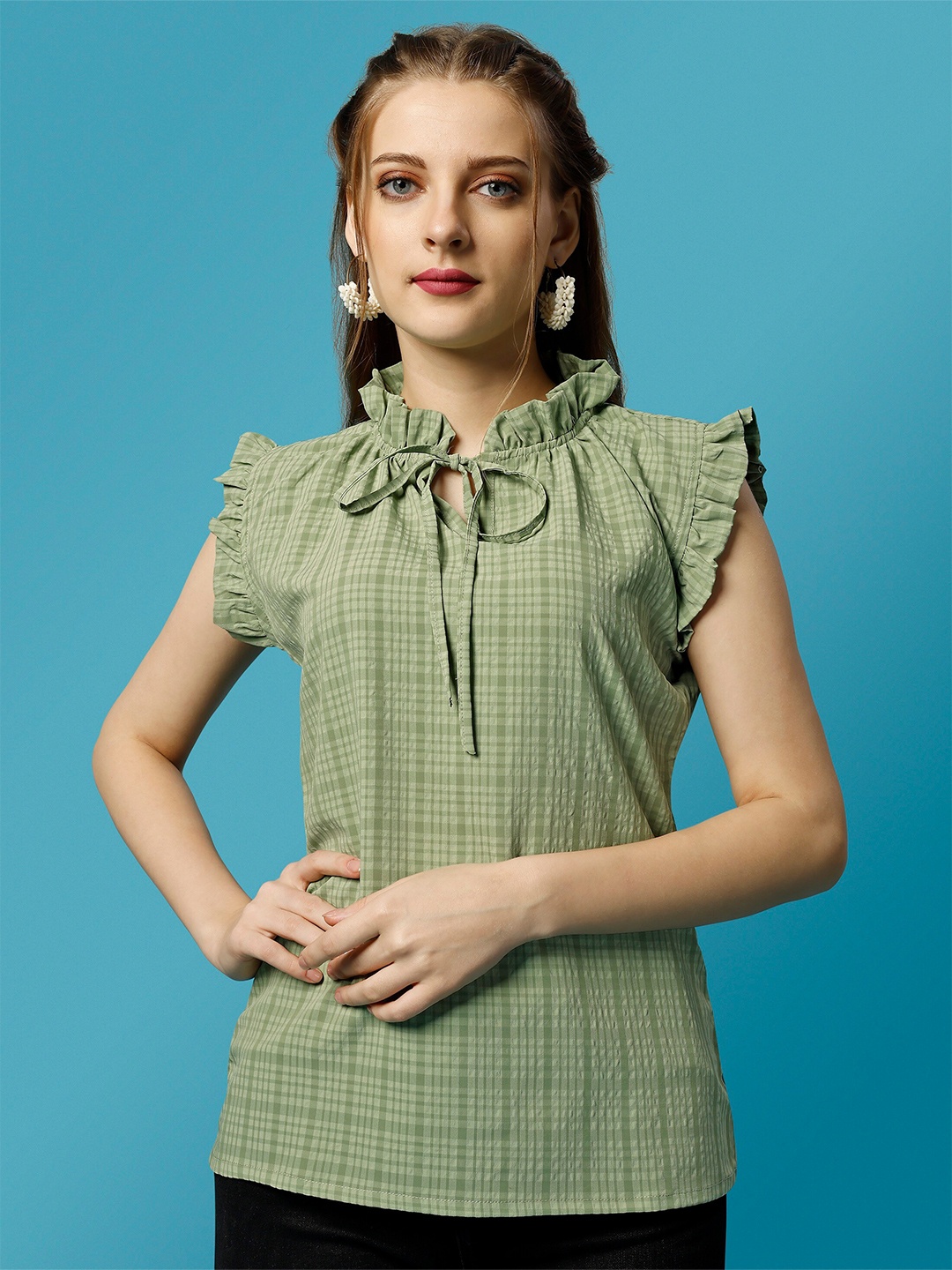 

LABEL D11 Fluorescent Checked Tie-Up Neck Flutter Sleeve Cotton Top, Fluorescent green