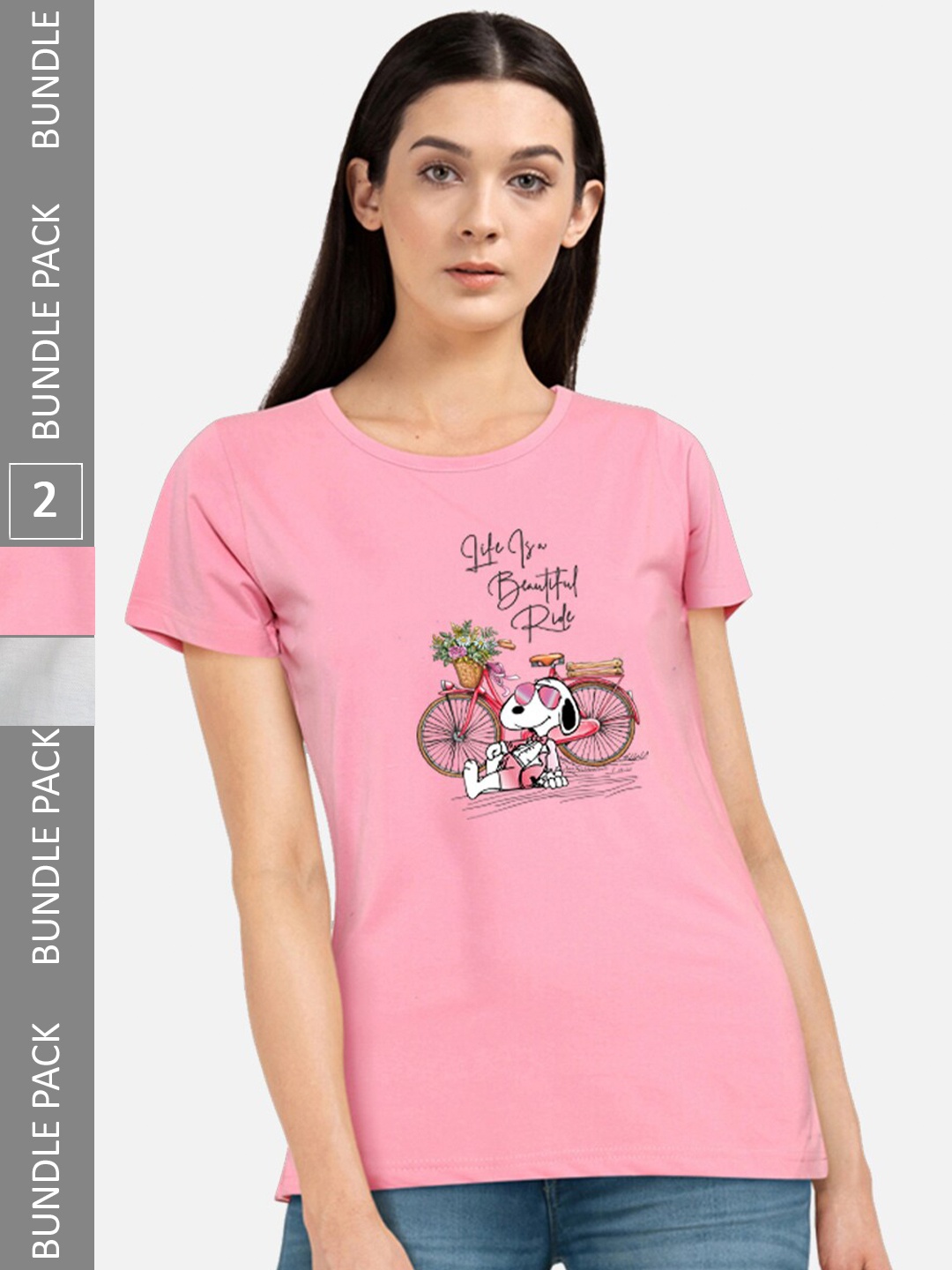 CHOZI Pack Of 2 Typography Printed Cotton T-shirt, Pink