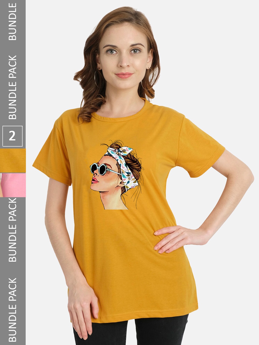 

CHOZI Pack Of 2 Graphic Printed Cotton T-shirt, Mustard