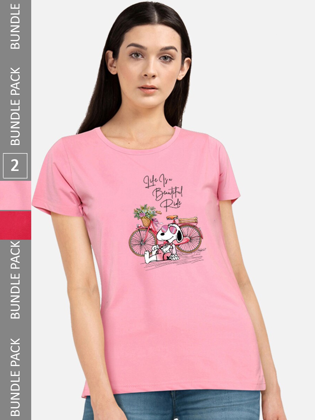 

CHOZI Pack Of 2 Graphic Printed Short Sleeves Pure Cotton T-shirt, Pink