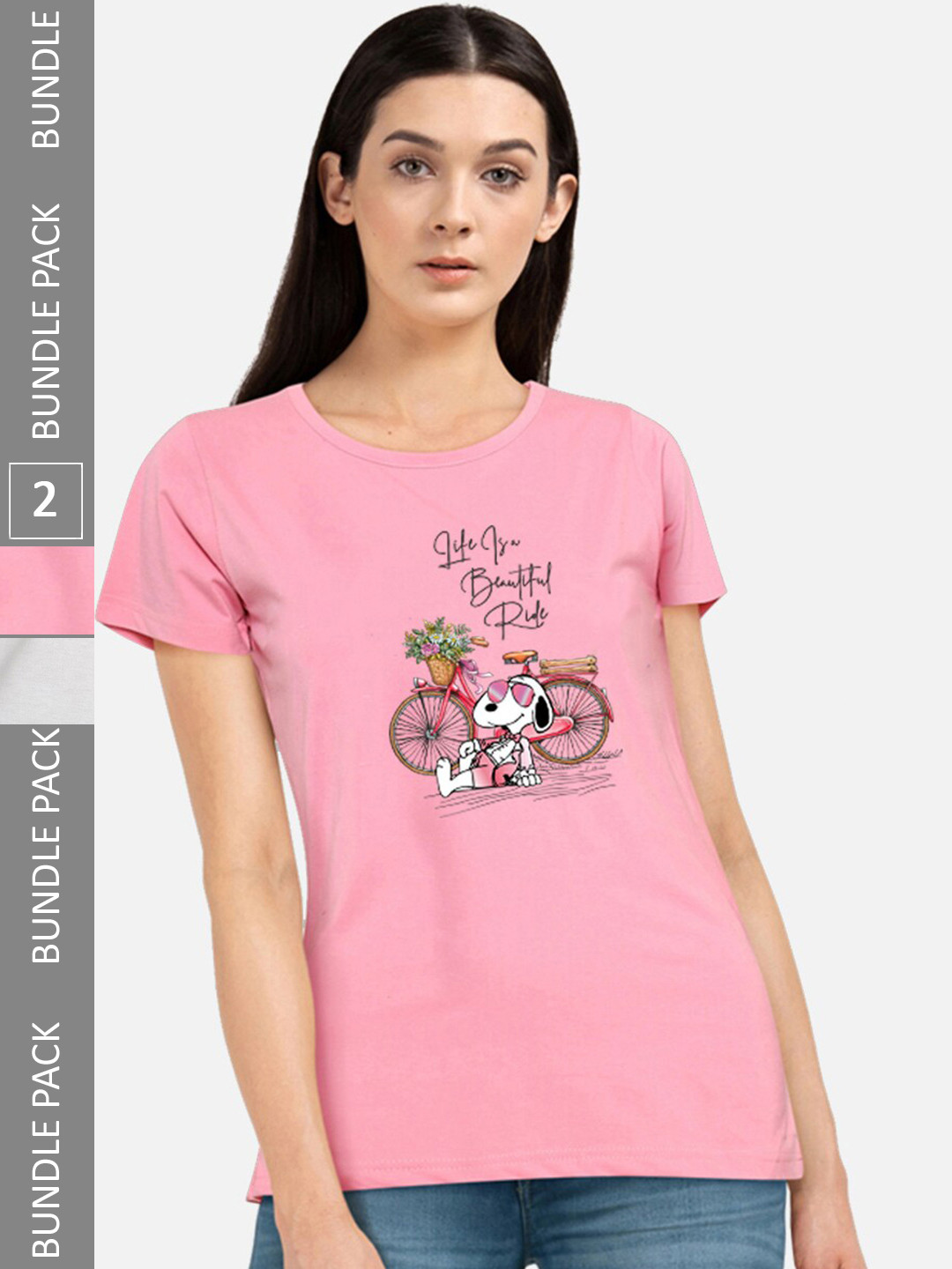 

CHOZI Pack Of 2 Graphic Printed Short Sleeves Pure Cotton T-shirt, Pink