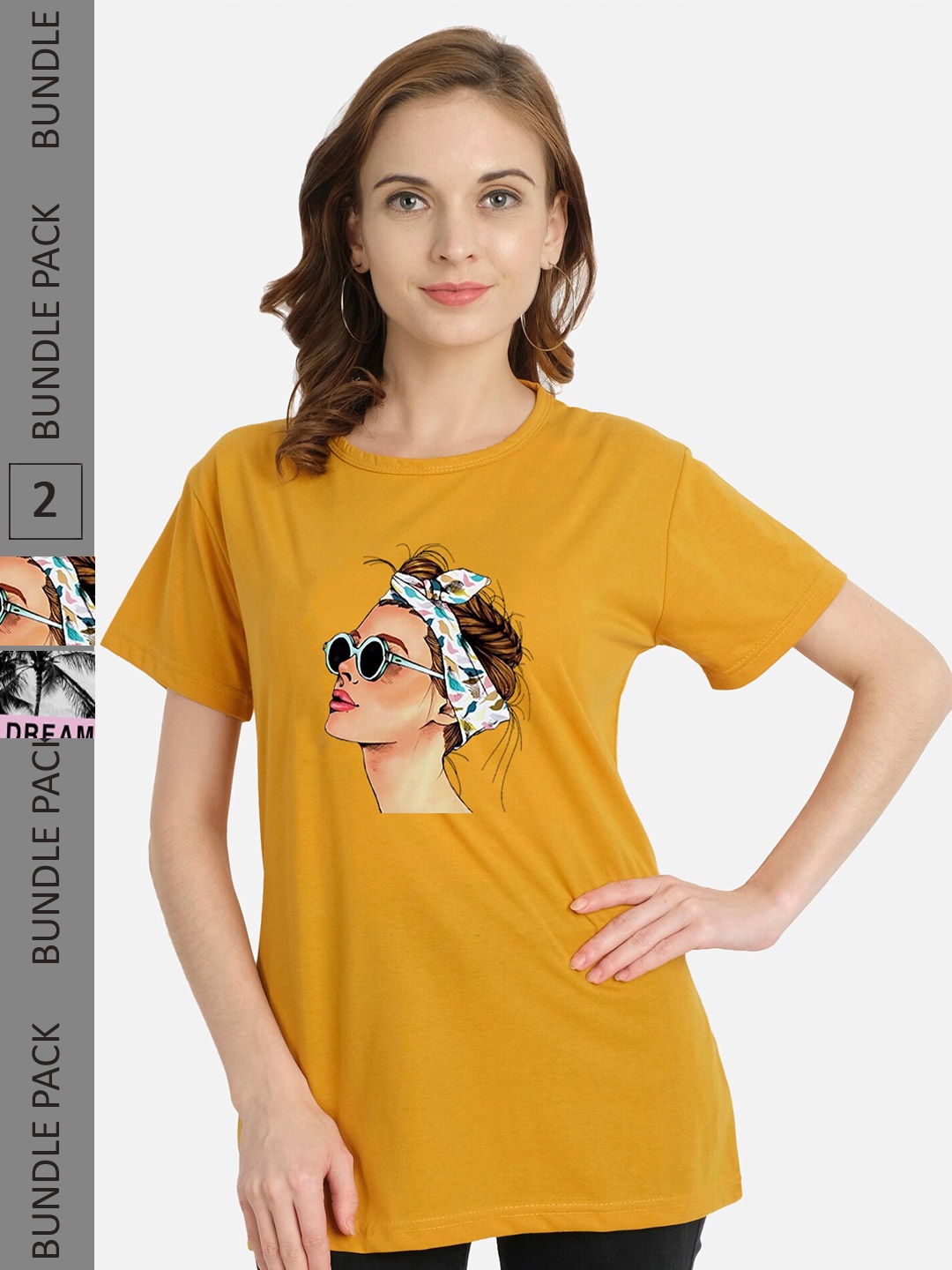 

CHOZI Pack Of 2 Graphic Printed Short Sleeves Pure Cotton T-shirt, Mustard