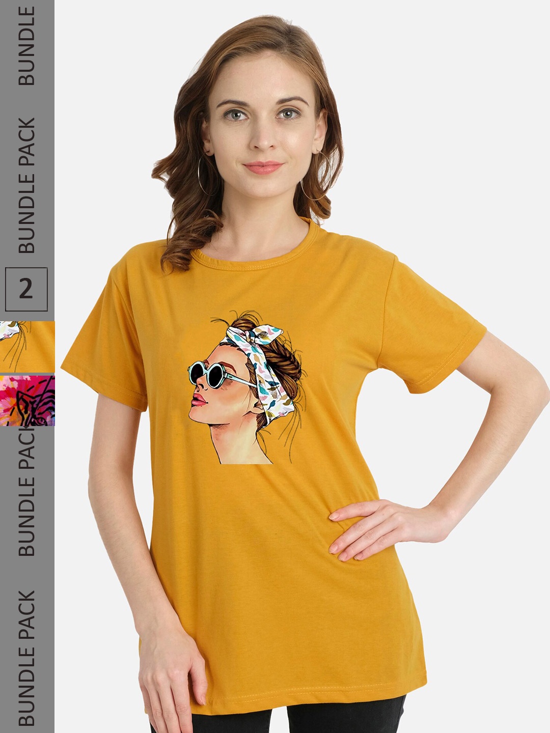 

CHOZI Pack Of 2 Printed Cotton T-shirts, Mustard