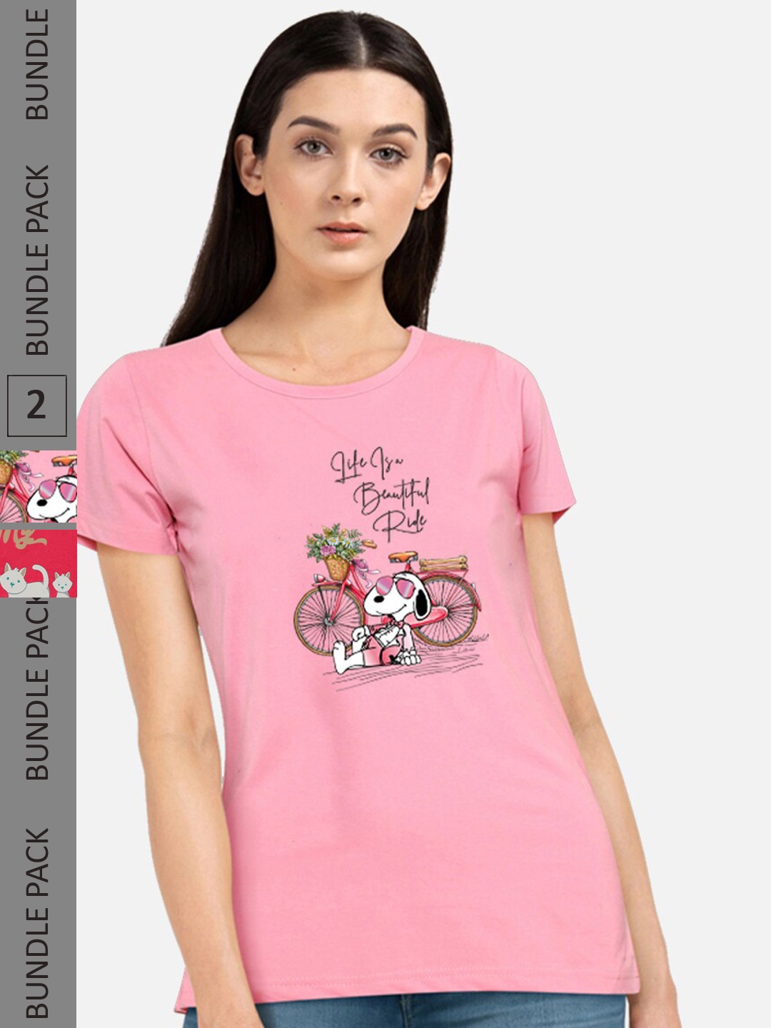 

CHOZI Pack Of 2 Graphic Printed Short Sleeves Pure Cotton T-shirt, Pink