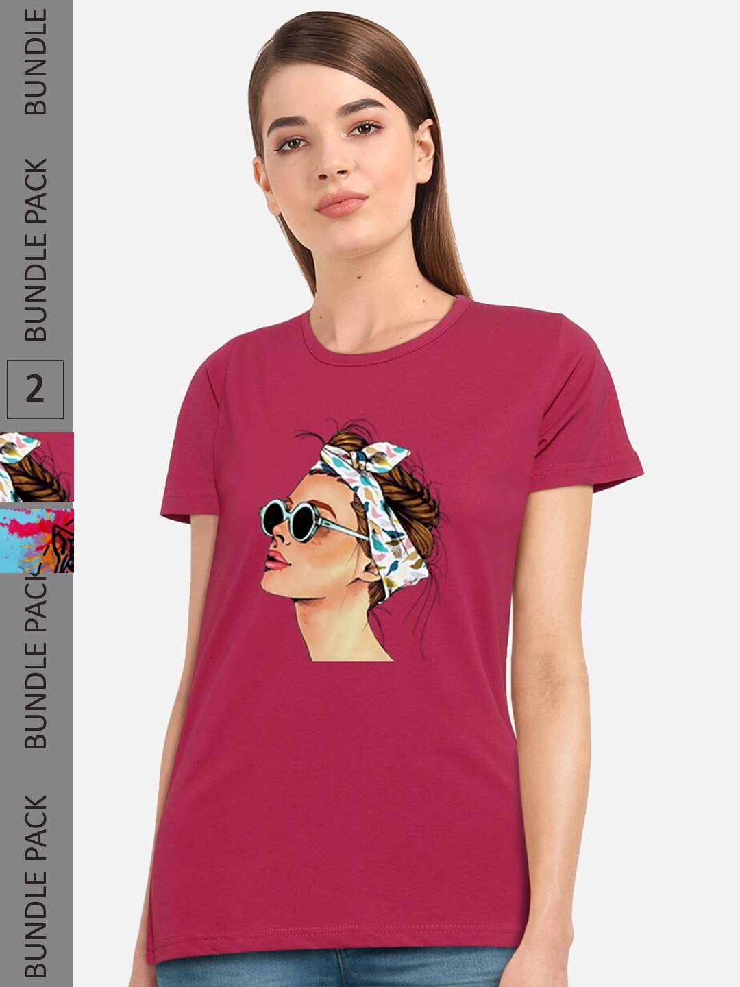 

CHOZI Pack Of 2 Graphic Printed Short Sleeves Pure Cotton T-shirt, Mauve