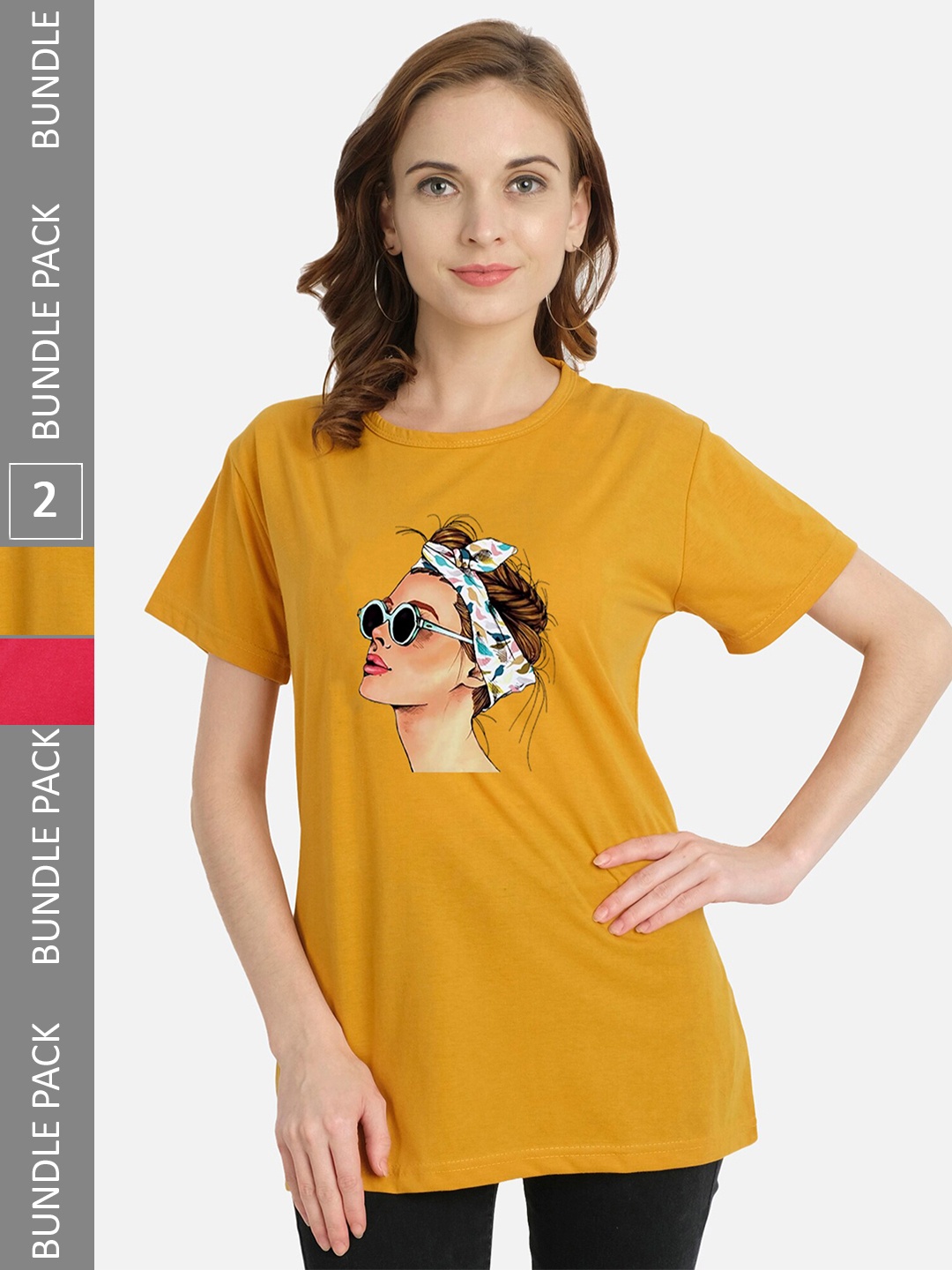 

CHOZI Pack Of 2 Graphic Printed Short Sleeves Pure Cotton T-shirt, Mustard