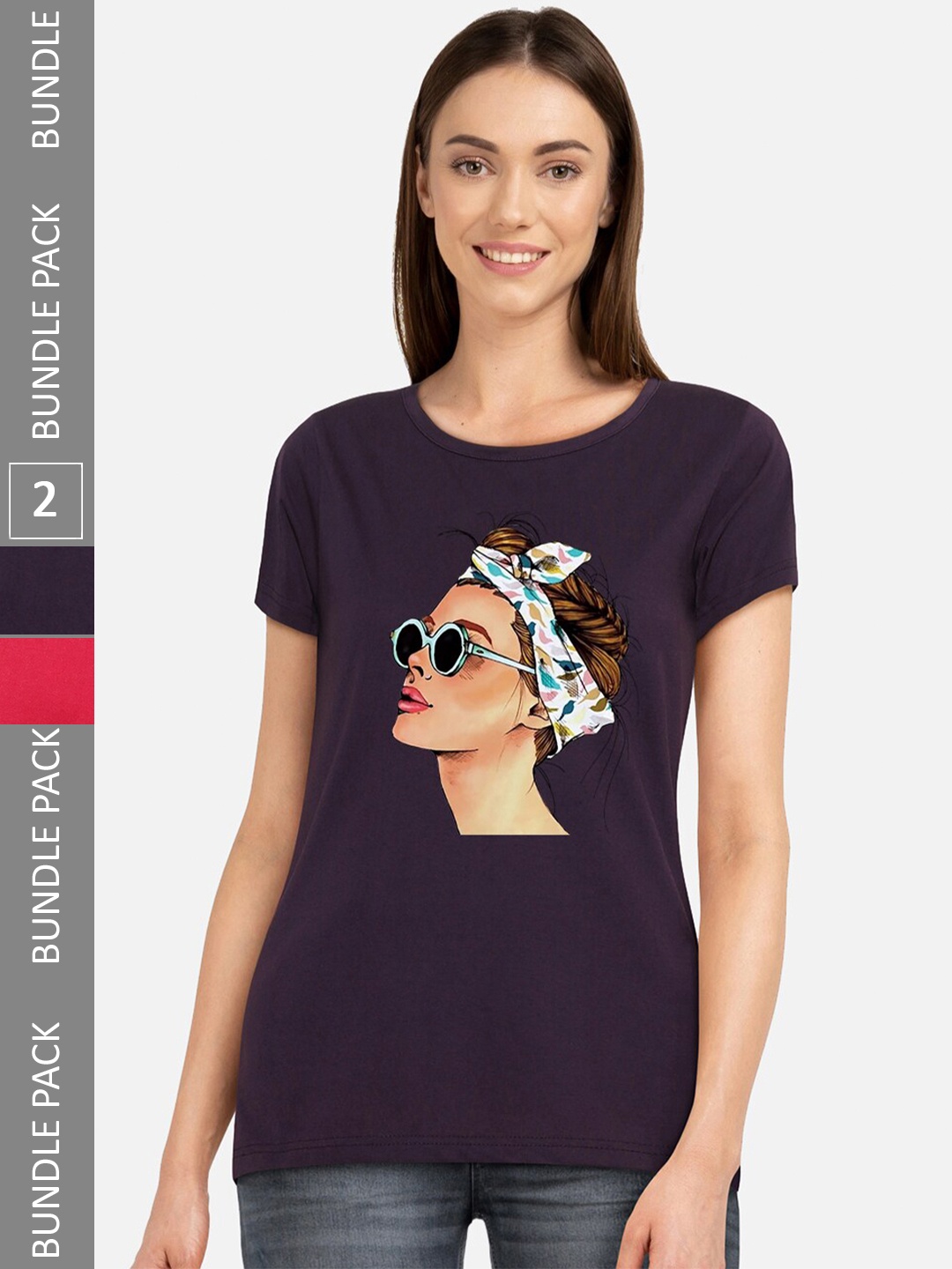 

CHOZI Pack Of 2 Graphic Printed Short Sleeves Pure Cotton T-shirt, Purple