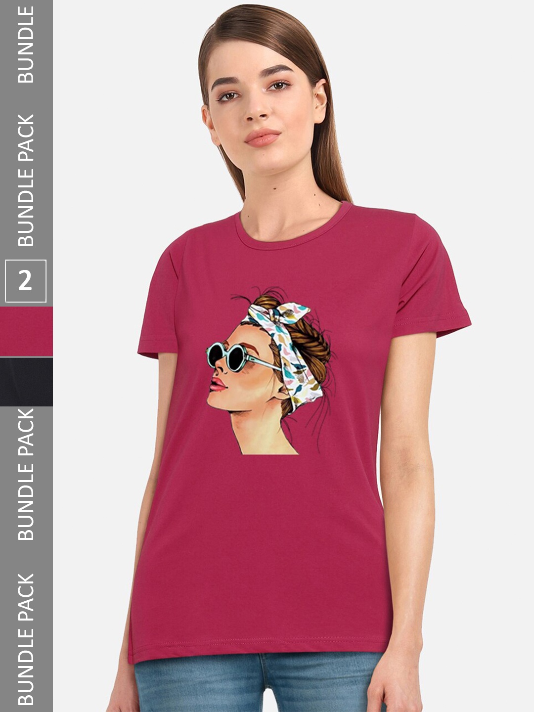 

CHOZI Pack Of 2 Graphic Printed Short Sleeves Pure Cotton T-shirt, Mauve