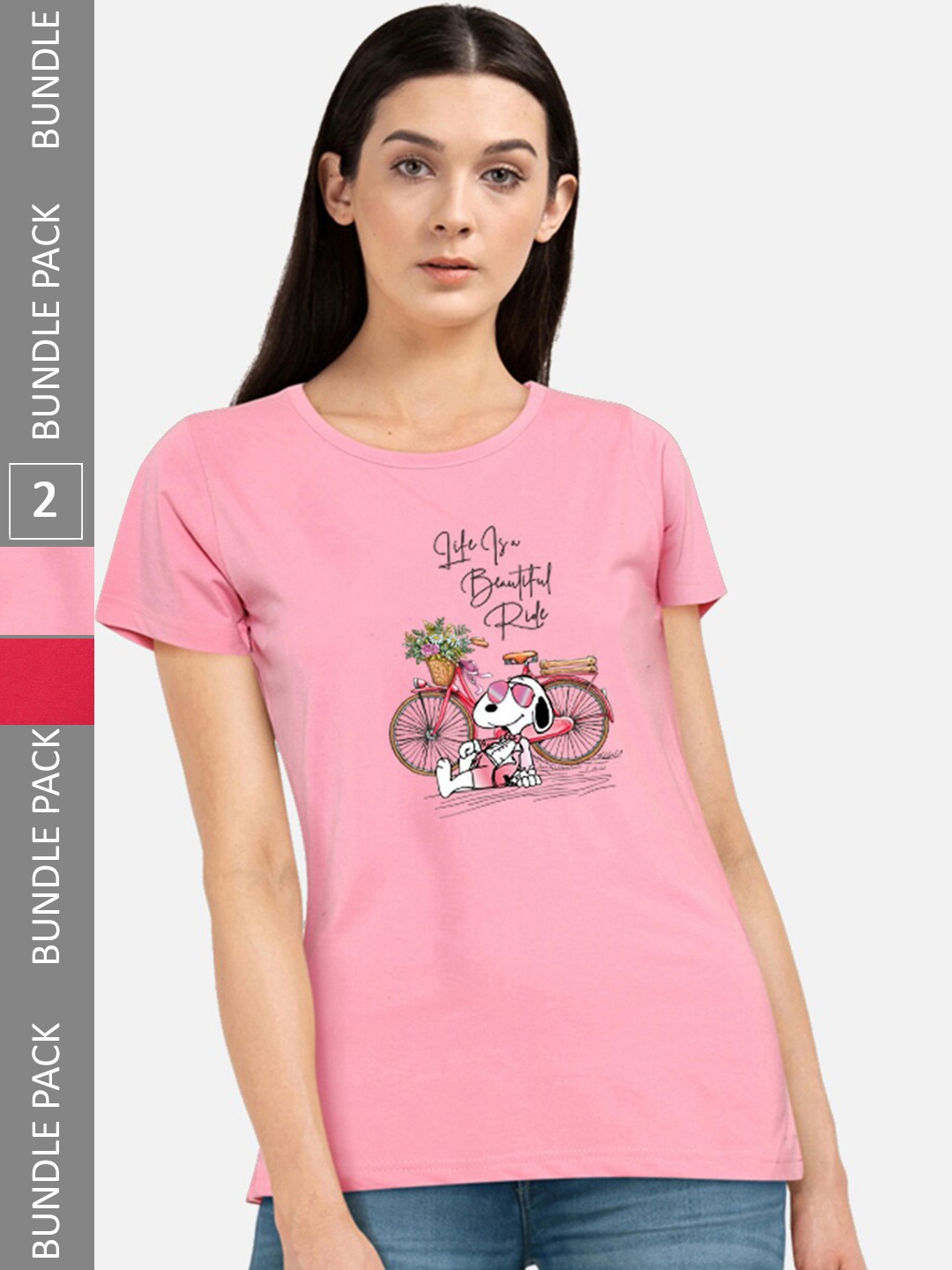 

CHOZI Pack Of 2 Graphic Printed Cotton T-shirt, Pink