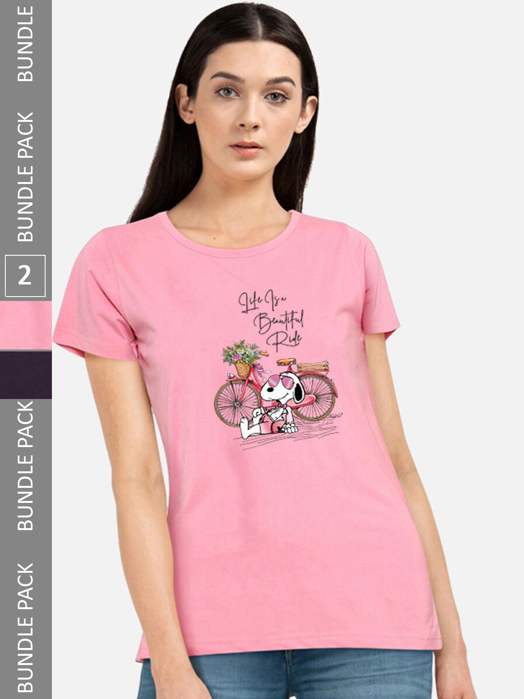 CHOZI Pack Of 2 Graphic Printed Cotton T-shirt, Pink