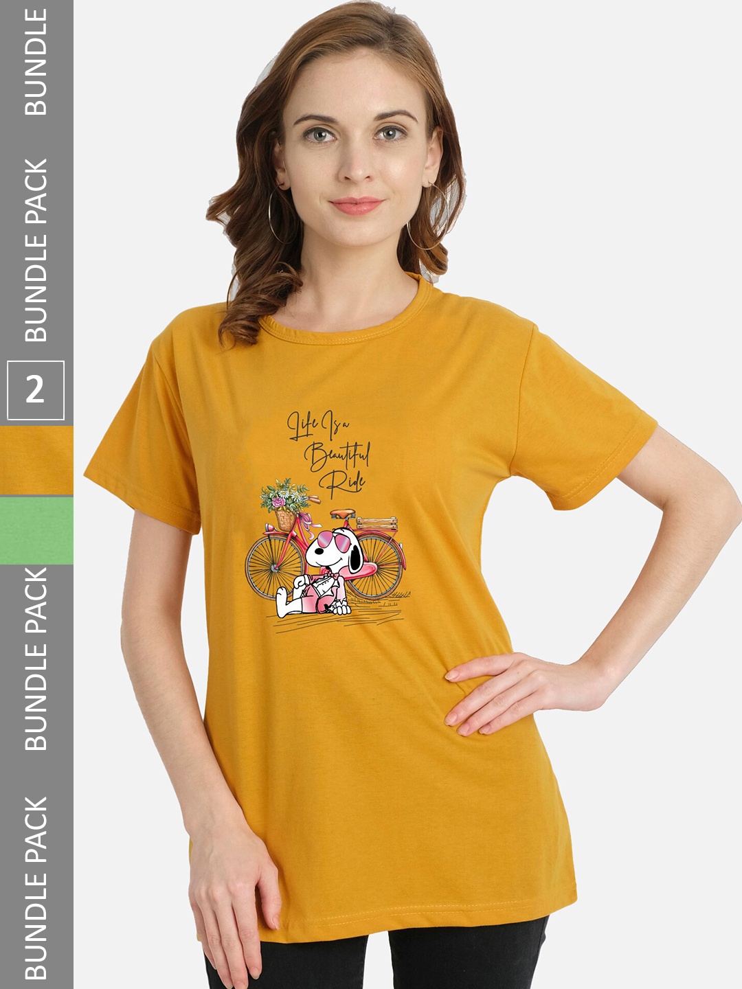 

CHOZI Pack Of 2 Graphic Printed Short Sleeves Pure Cotton T-shirt, Mustard