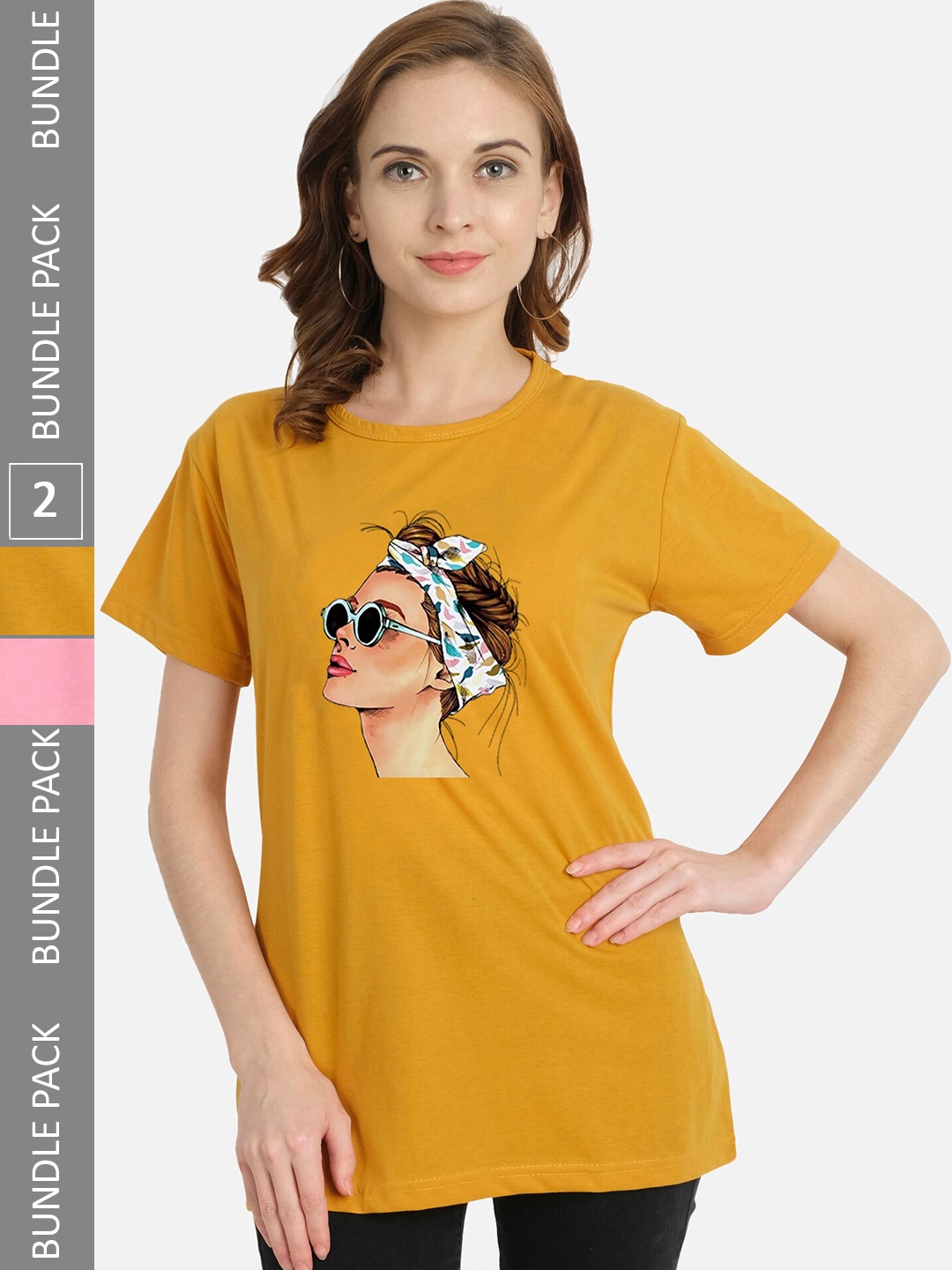 

CHOZI Pack Of 2 Graphic Printed Cotton T-shirt, Mustard