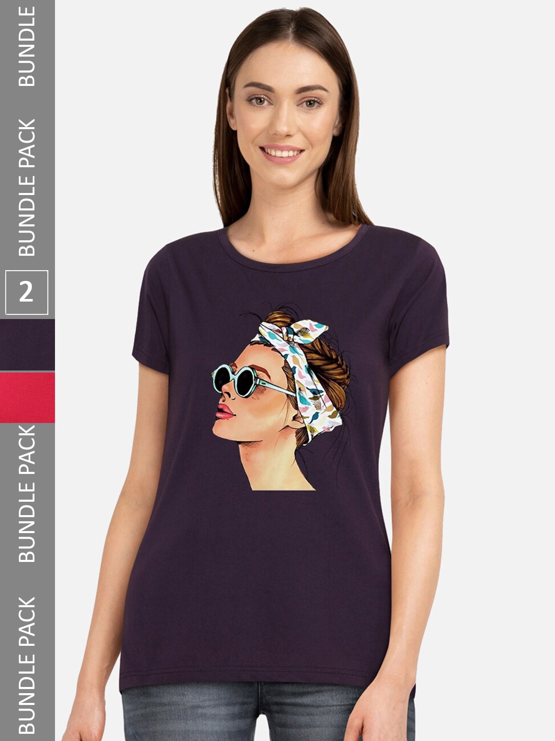 

CHOZI Pack Of 2 Graphic Printed Cotton T-shirt, Purple