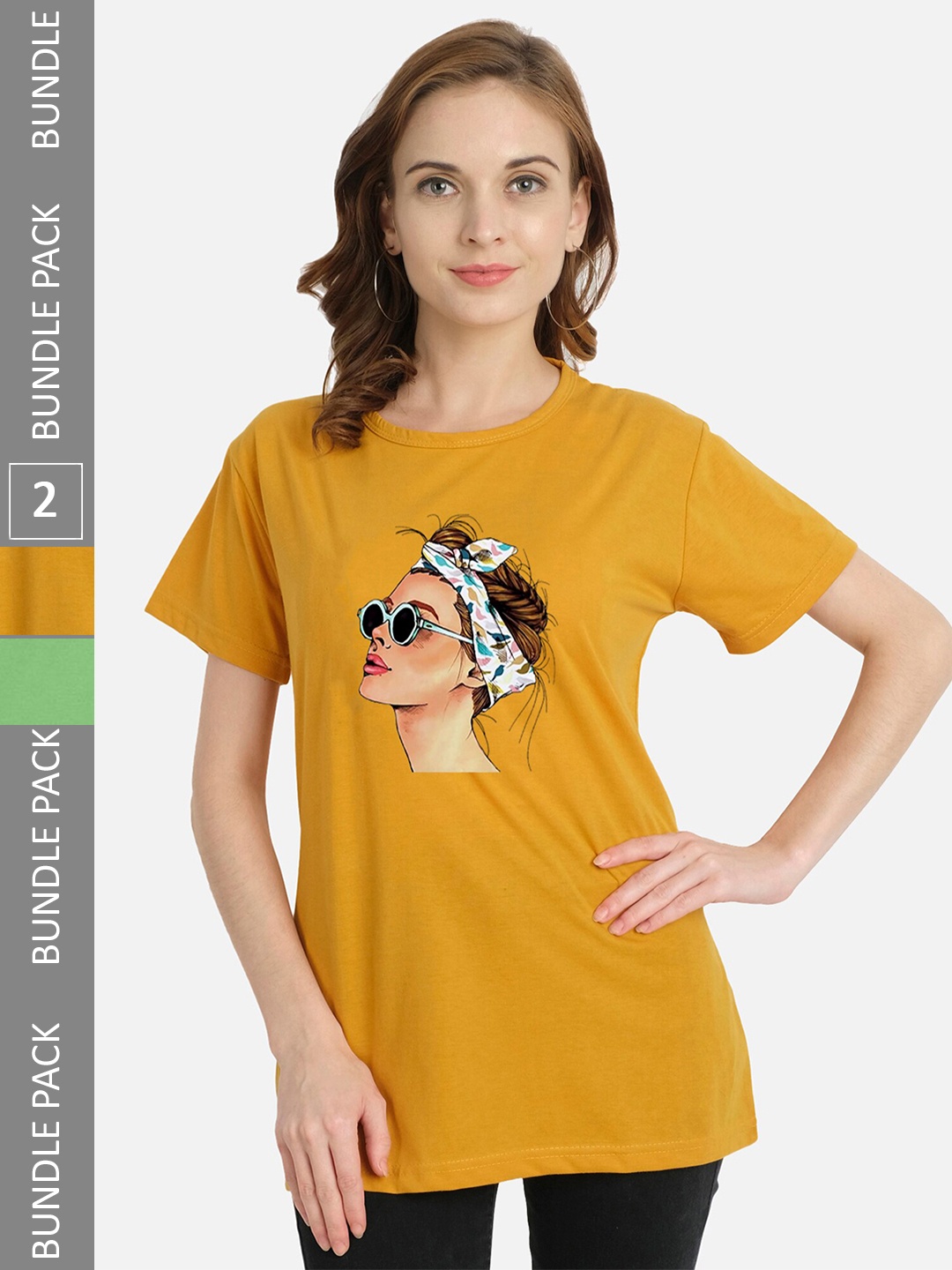 

CHOZI Pack of 2 Graphic Printed Round Neck Cotton T-shirt, Mustard