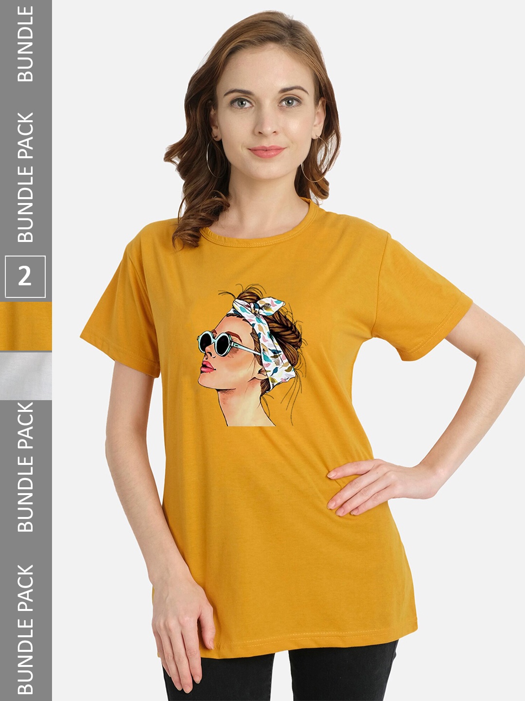 

CHOZI Pack of 2 Graphic Printed Round Neck Cotton T-shirt, Mustard
