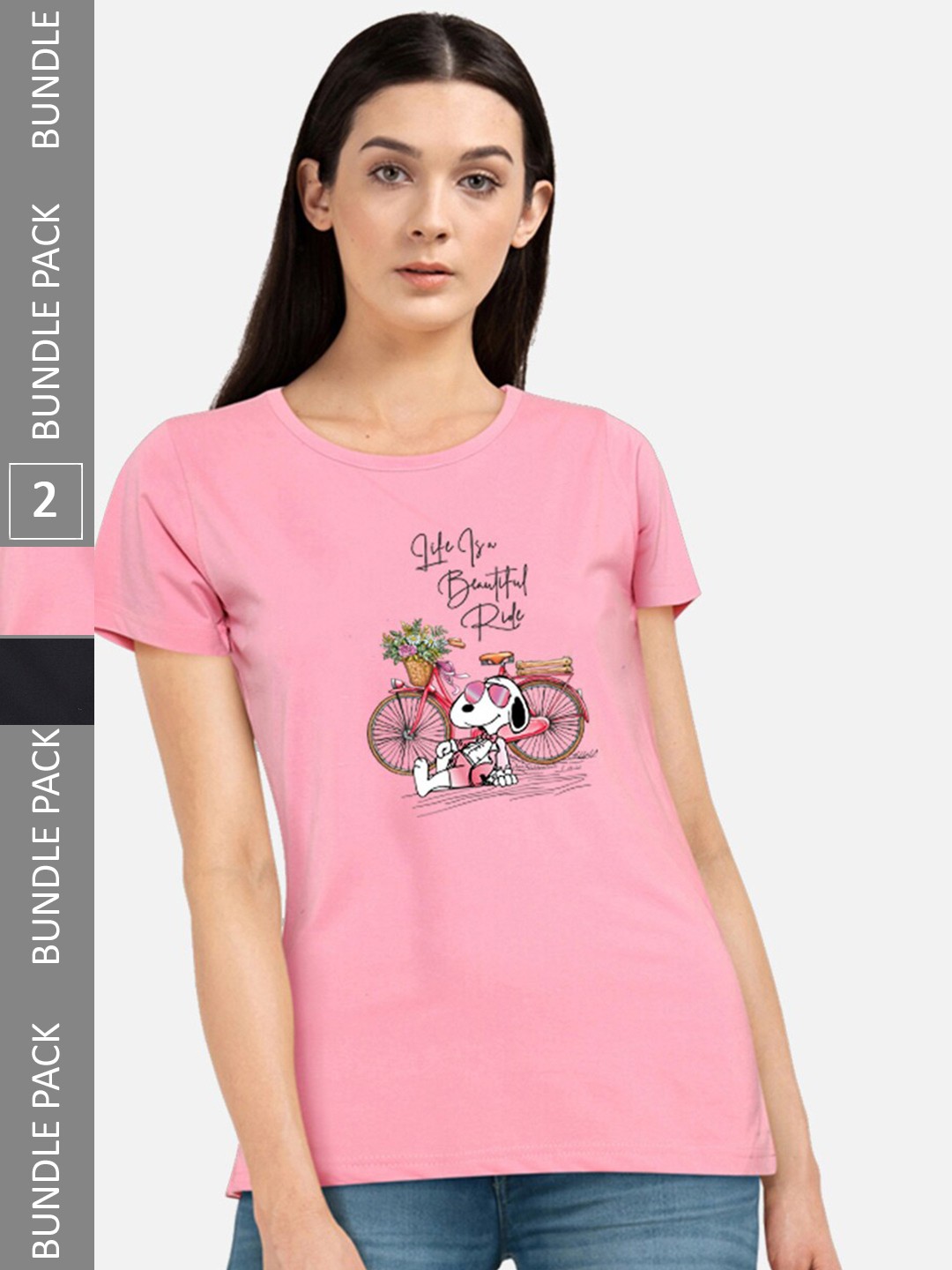 

CHOZI Pack Of 2 Typographic Printed Cotton T-shirt, Pink
