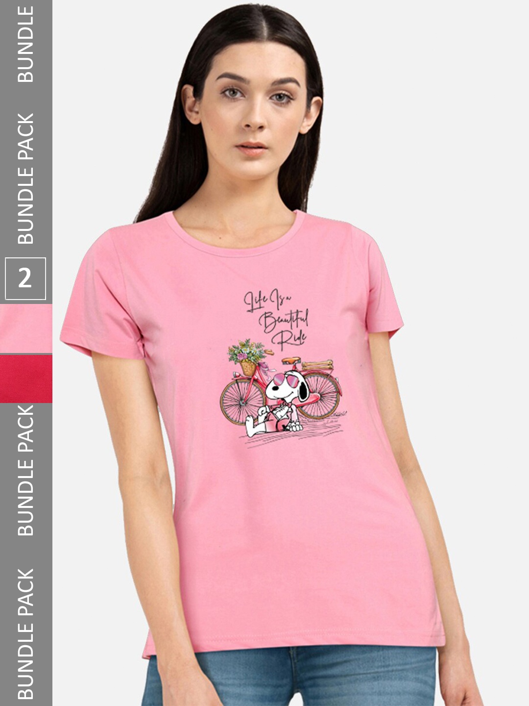 CHOZI Pack Of 2 Graphic Printed Round Neck Cotton Regular T-shirts, Pink