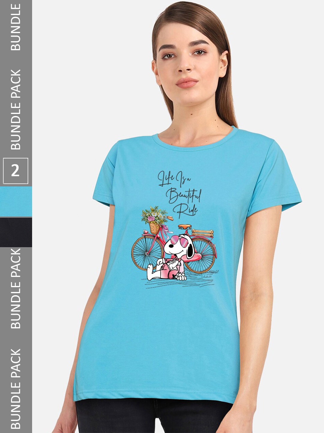 

CHOZI Pack Of 2 Graphic Printed Round Neck Cotton Regular T-shirts, Turquoise blue