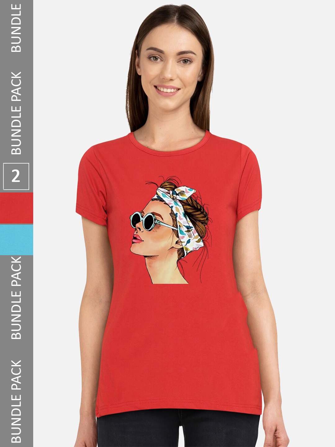 

CHOZI Pack of 2 Graphic Printed Round Neck Cotton T-shirt, Red