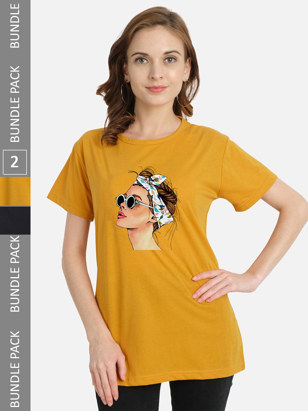 

CHOZI Pack Of 2 Graphic Printed Cotton T-shirt, Mustard