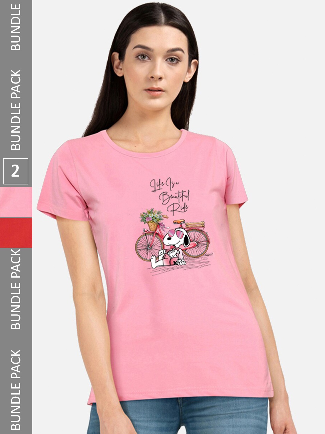 

CHOZI Pack Of 2 Graphic Printed Cotton T-shirt, Pink