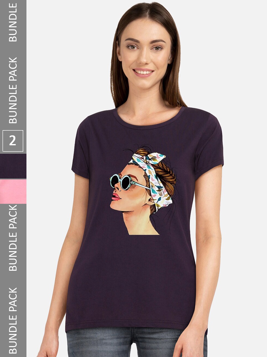 

CHOZI Pack Of 2 Graphic Printed Cotton T-shirt, Purple