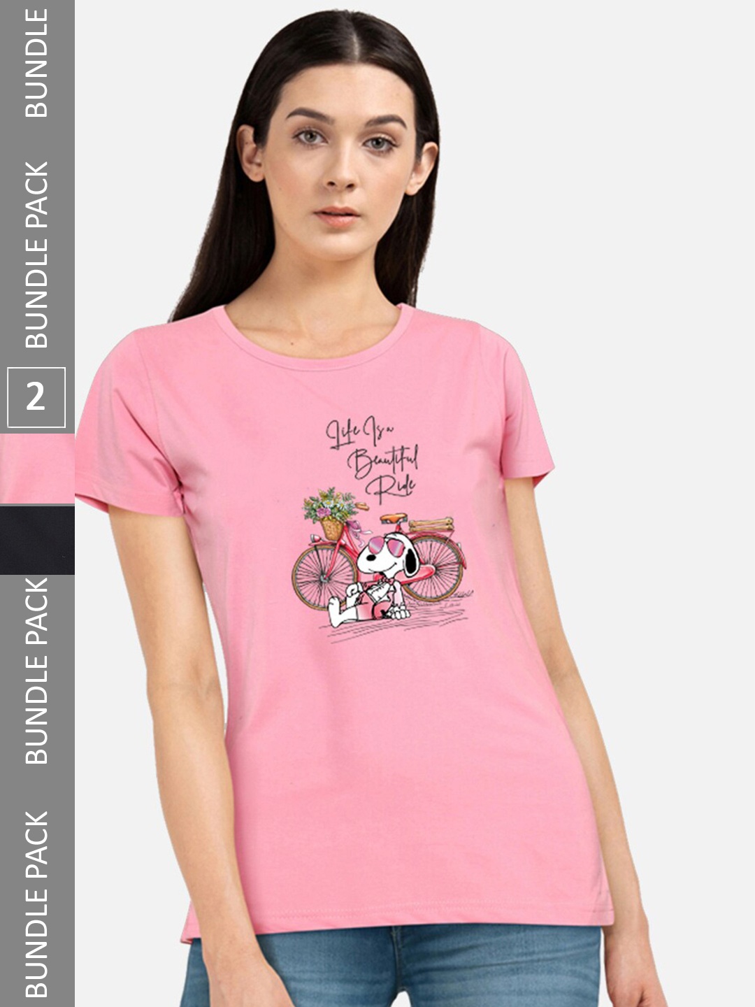 CHOZI Pack Of 2 Typography Printed Cotton T-shirt, Pink
