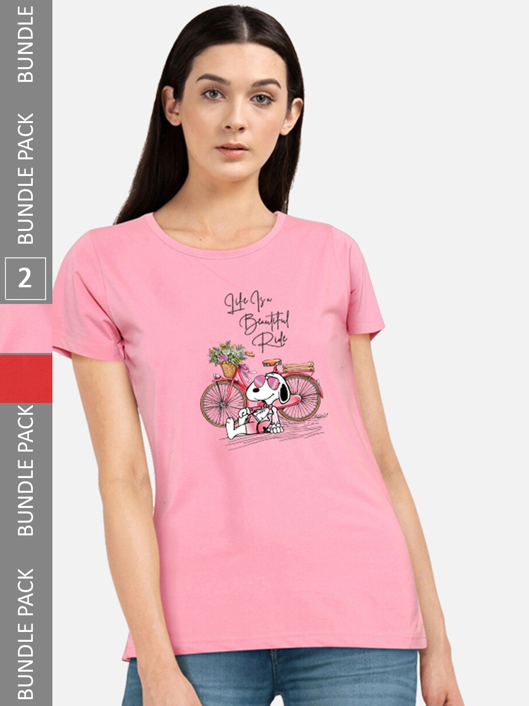 

CHOZI Pack of 2 Graphic Printed Round Neck Cotton T-shirt, Pink