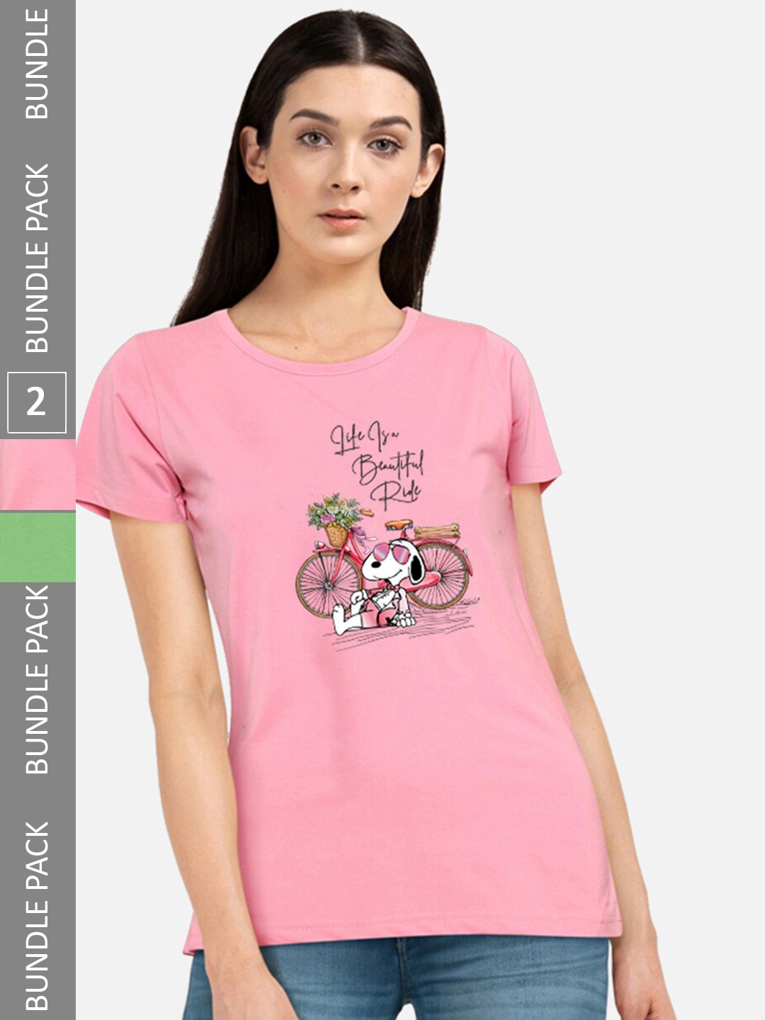 

CHOZI Pack of 2 Graphic Printed Round Neck Cotton T-shirt, Pink