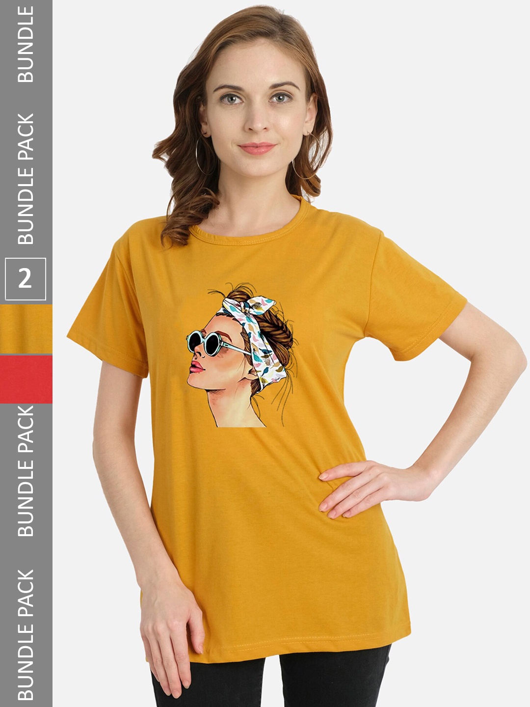 

CHOZI Pack of 2 Graphic Printed Round Neck Cotton T-shirt, Mustard