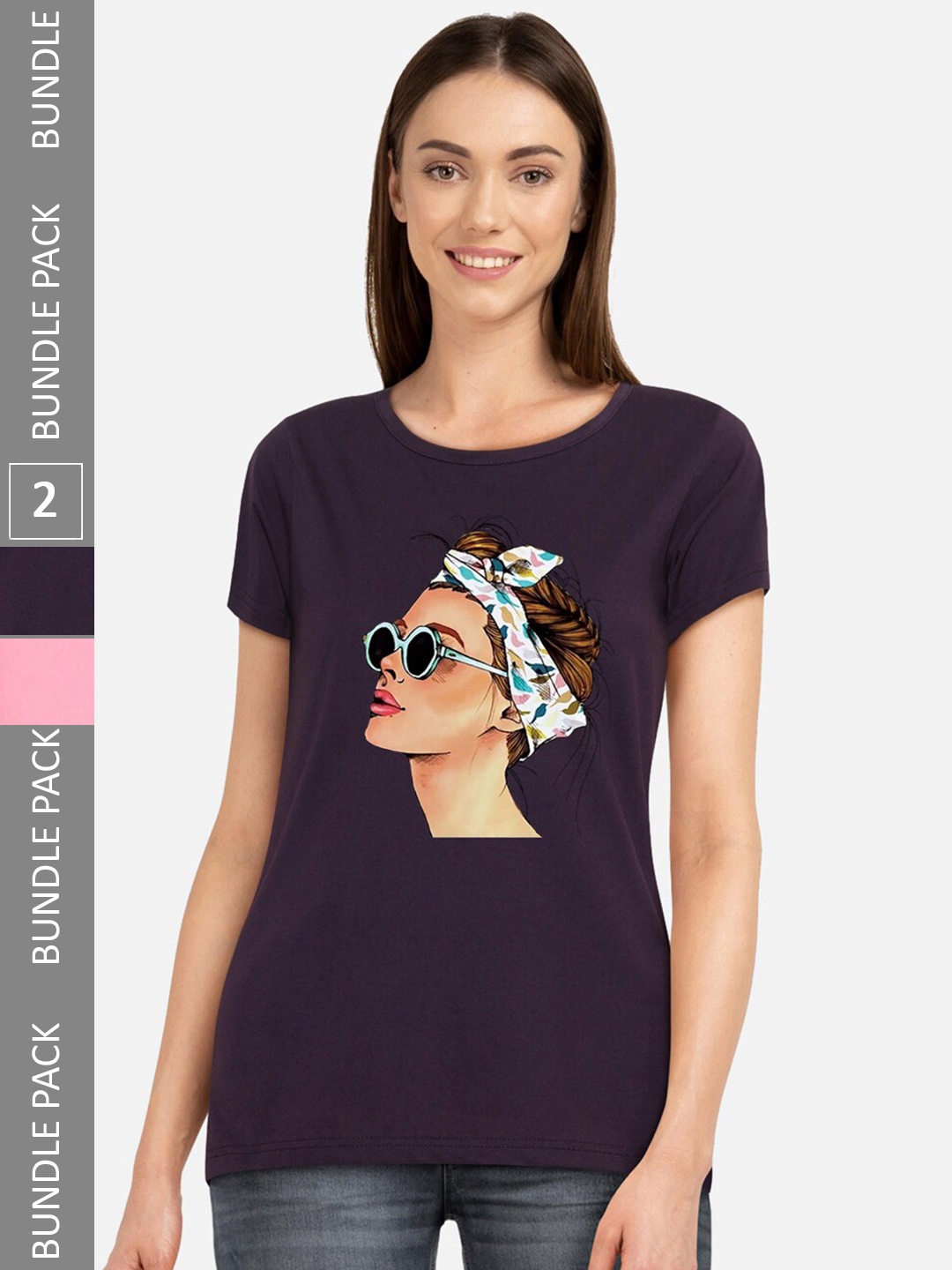 

CHOZI Pack of 2 Graphic Printed Round Neck Cotton T-shirt, Purple