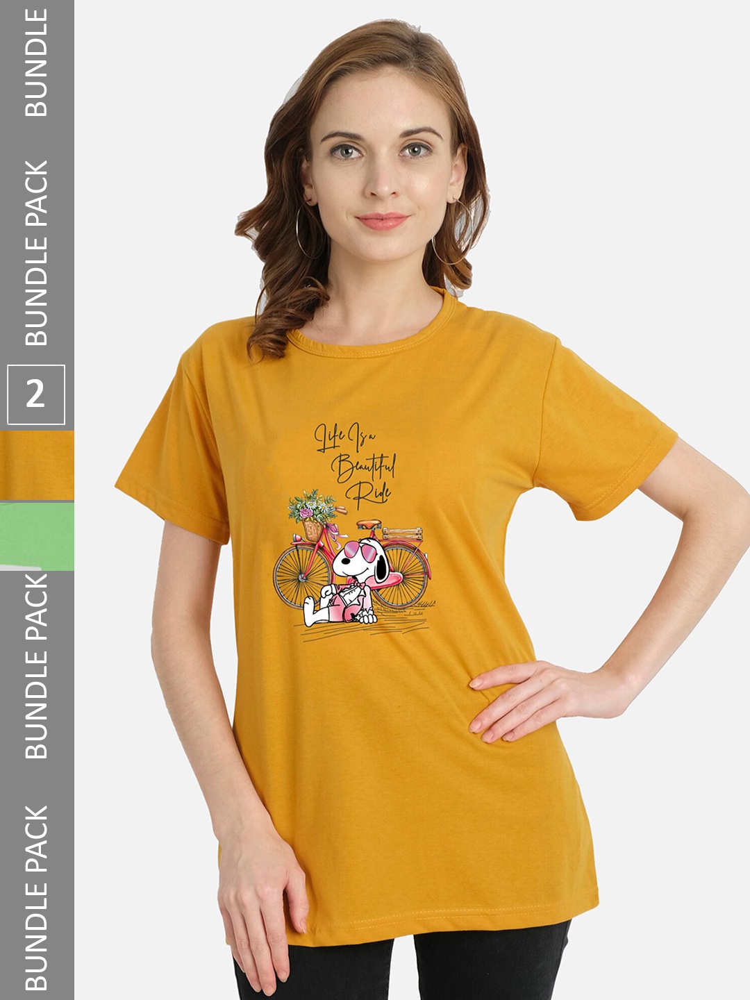 

CHOZI Pack Of 2 Typography Printed Cotton T-shirt, Mustard