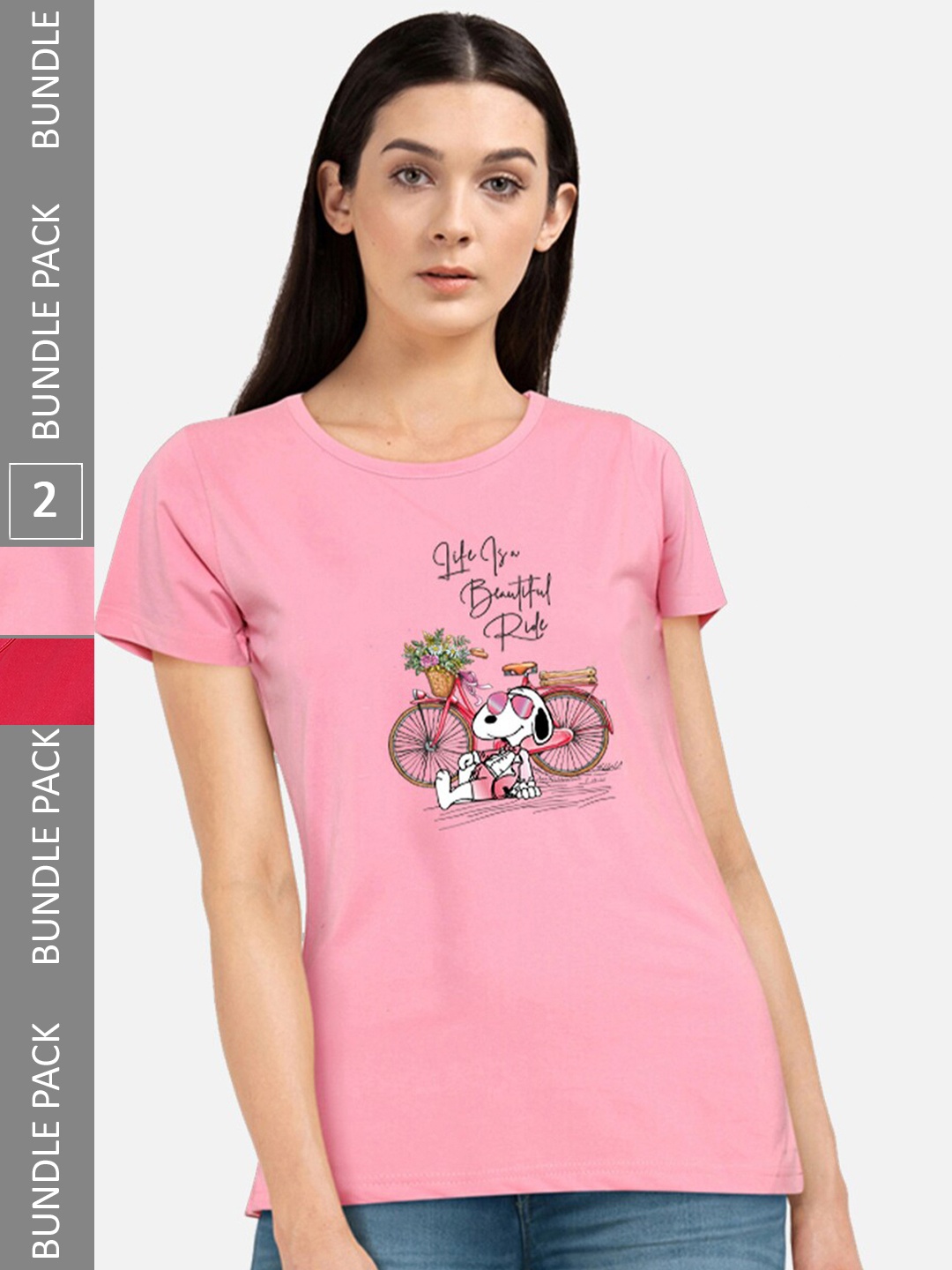

CHOZI Pack of 2 Printed Round Neck Cotton T-shirt, Pink