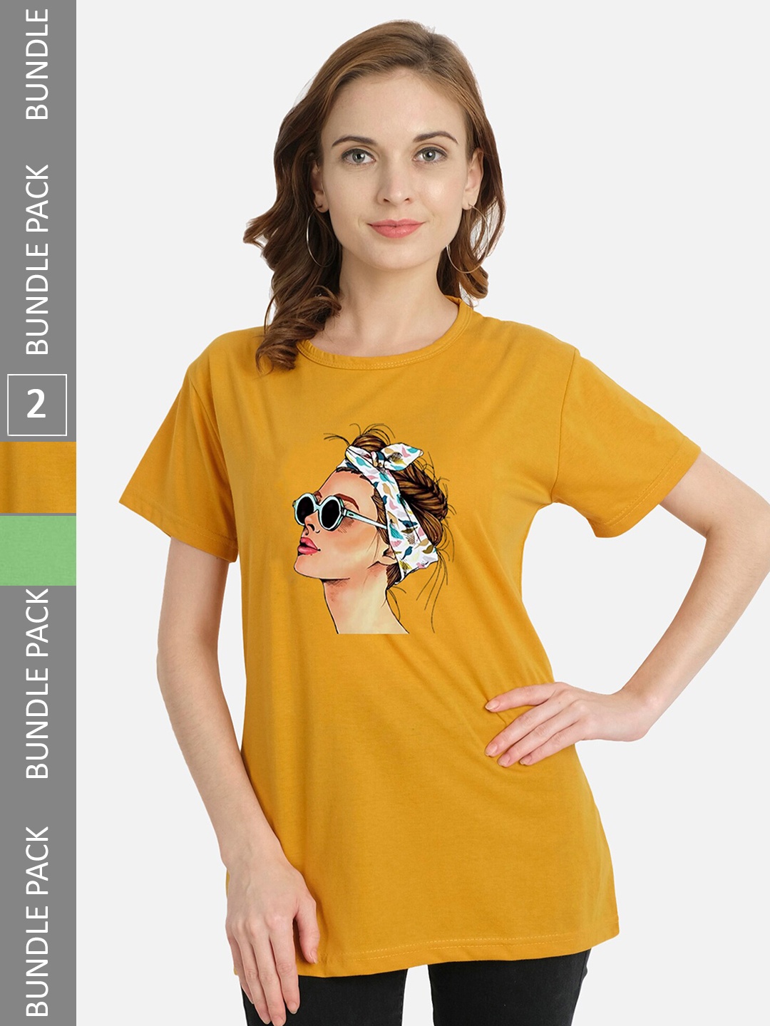 

CHOZI Pack of 2 Printed Round Neck Cotton T-shirt, Mustard