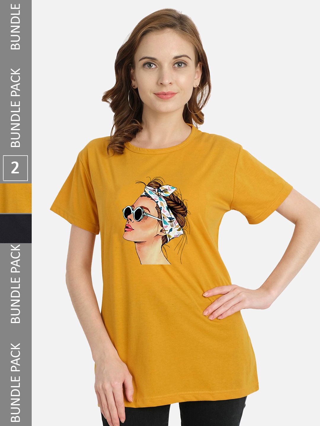 

CHOZI Pack of 2 Graphic Printed Round Neck Cotton T-shirt, Mustard