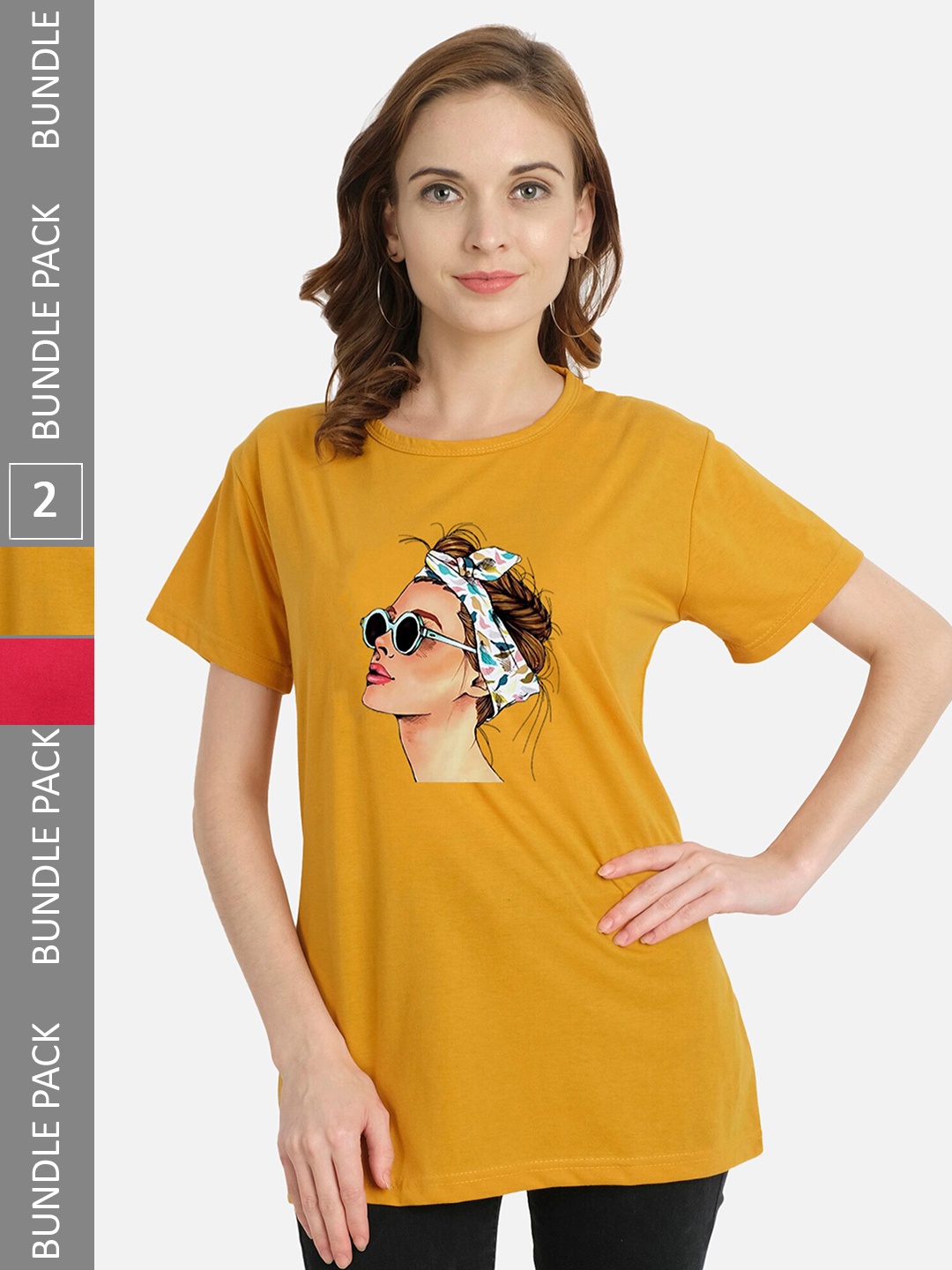 

CHOZI Pack Of 2 Graphic Printed Cotton T-shirt, Mustard