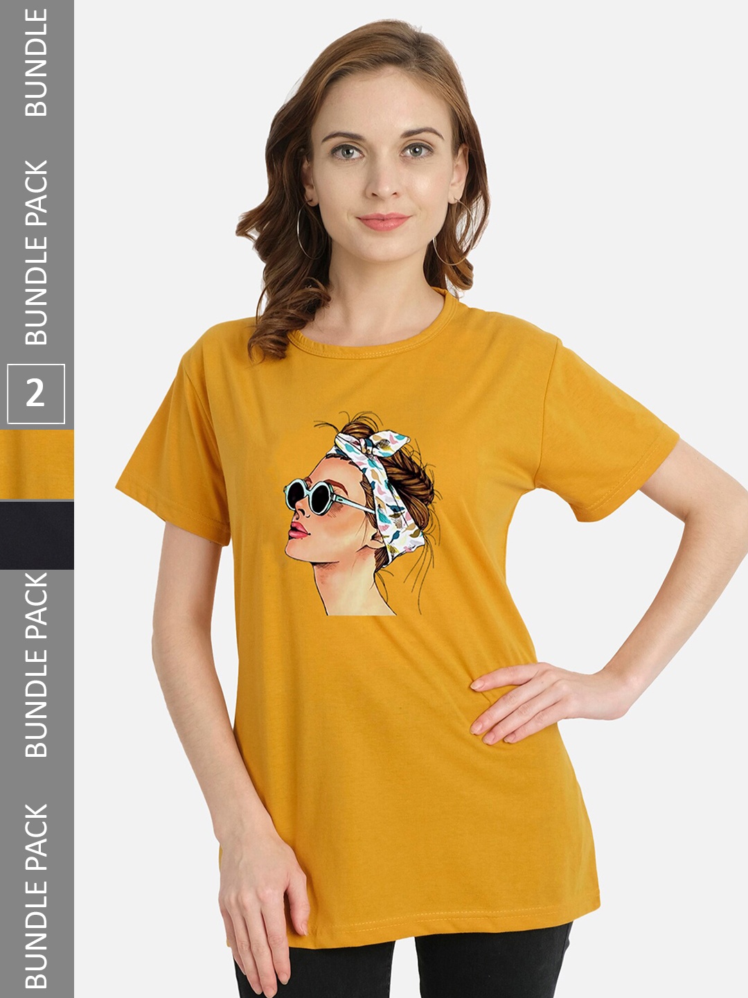

CHOZI Pack of 2 Graphic Printed Round Neck Cotton T-shirt, Mustard