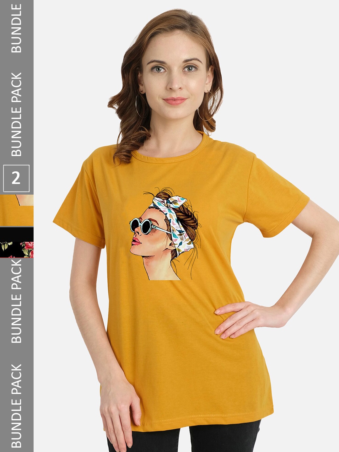 

CHOZI Pack Of 2 Printed Round Neck Cotton T-shirt, Mustard