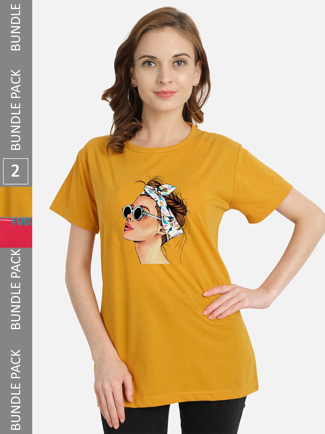 

CHOZI Pack of 2 Printed Round Neck Cotton T-shirt, Mustard