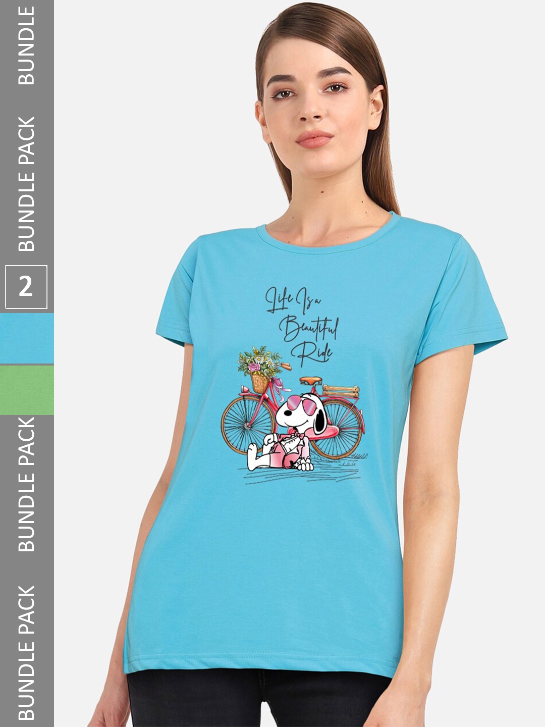 

CHOZI Pack Of 2 Graphic Printed Round Neck Cotton Regular T-shirts, Turquoise blue