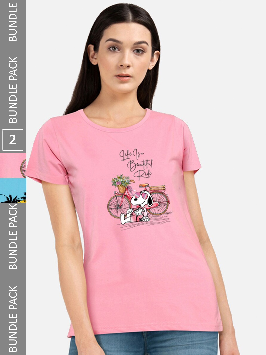 CHOZI Pack Of 2 Typographic Printed Cotton T-shirt, Pink