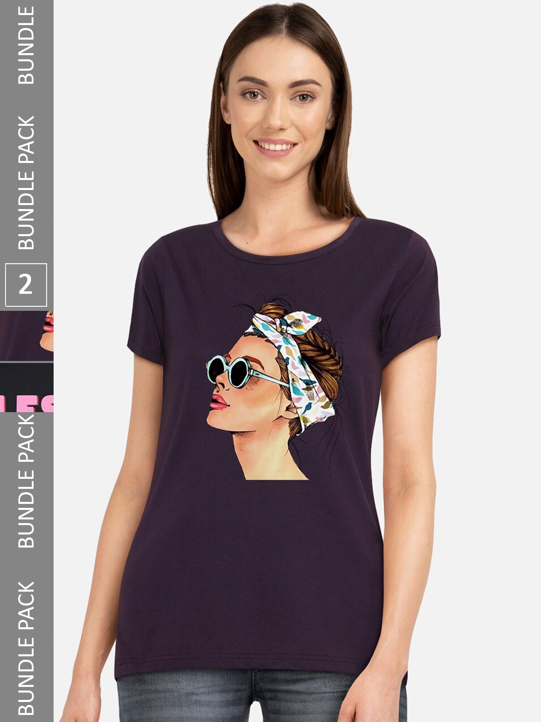 

CHOZI Pack Of 2 Graphic Printed Cotton T-shirt, Purple