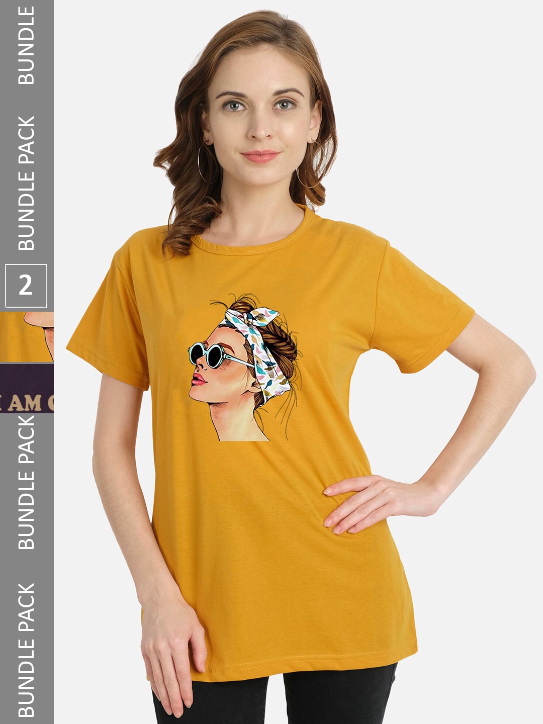 

CHOZI Pack of 2 Printed Round Neck Cotton T-shirt, Mustard